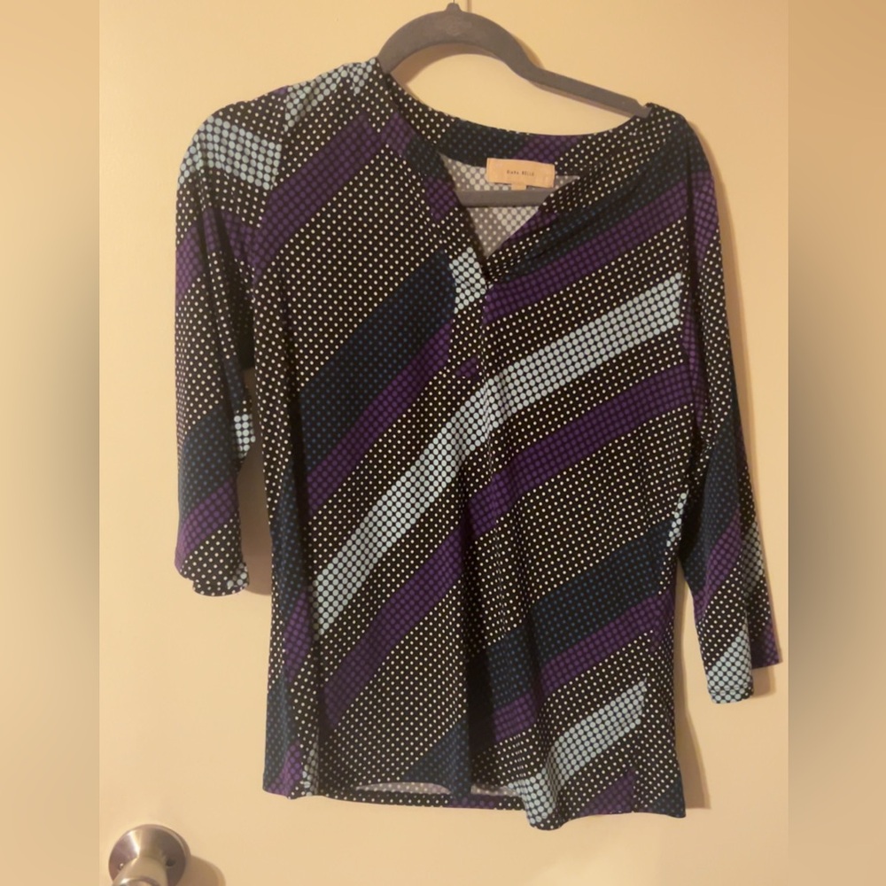 Black, Purple & Light Blue Diagonal Dot-Print Long Sleeve V-Neck Top